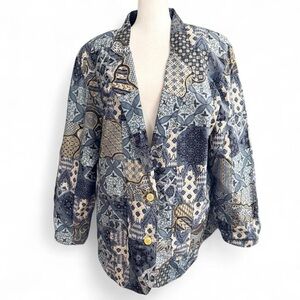 Vintage 80s Effeci Blue Patchwork Design Blazer Gold Beaded Size L